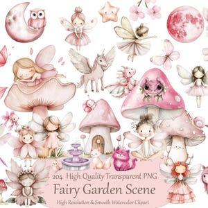 Clipart fata acquerello - Carino giardino fatato rosa e fungo PNG - Fate magiche femminili, Clipart femminile, stampabili - Licenza per uso commerciale