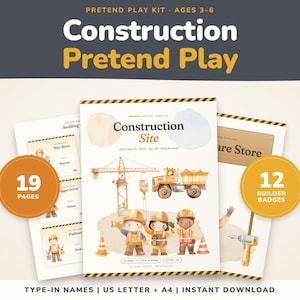 May include: A construction pretend play kit for ages 3-6 featuring 19 pages and 12 builder badges. The kit includes printable sheets with watercolour illustrations of a crane, a dump truck, and three children in safety gear, plus text reading Construction Site.