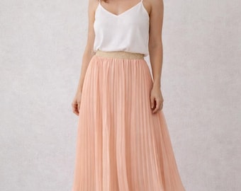 Pleated Chiffon Skirt | Salmon or Ivory | Midi Skirt with Elastic Waist | Sheer or Lined | Handmade Women Skirt | Flowy Style