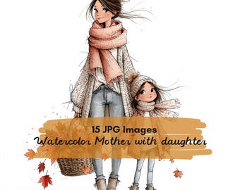 15 JPG Mother and Daughter Autumn Clipart Bundle, Fall Family Watercolor clipart, Mom and Girl Fall Activities, Cozy Autumn Family Clipart