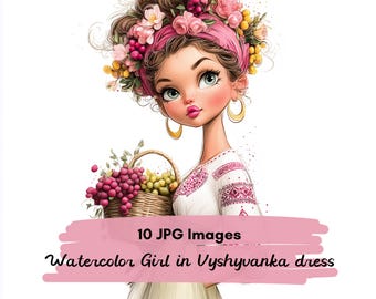 10 JPG Slavic Girl Watercolor Clipart, Cute Girl in Vyshyvanka, Floral Crown Illustration, Folk Art, Boho Princess Clipart, Spring Meadow