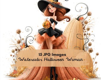 15 JPG Whimsical Halloween Witch Watercolor Clipart Bundle, Stylish Women in Elegant Autumn Dresses, Pumpkin Witch clipart, Digital download