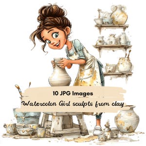May include: Watercolor illustration of a girl sculpting from clay. The image features a young woman working on a pottery wheel, surrounded by pottery tools and finished pieces. The text "10 JPG Images" and "Watercolor Girl sculpts from clay" are also visible.