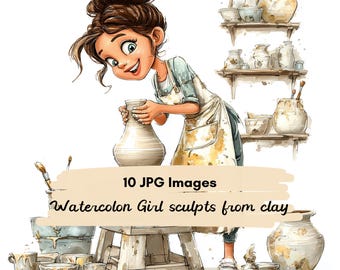 10 JPG Watercolor Pottery Girl Clipart, Cute Ceramic Artist Illustration, Whimsical Potter Woman, Pottery Wheel Artwork Craft Studio Clipart