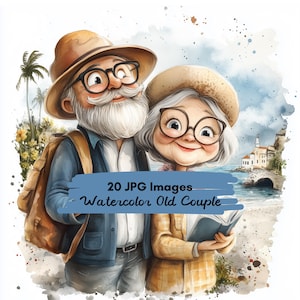 20 JPG schattig oud stel in reizen Clipart grootouders afdrukbare afbeelding Cartoon oud stel digitale download aquarel clipart afdrukbare kunst