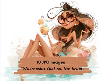 10 JPG Woman on the beach Watercolor Clipart Bundle, Summer Beach Girl Clipart, Relaxing Woman Illustration, Vacation Art, Sunglasses Lady