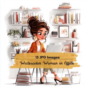 May include: A watercolour illustration of a woman working at a desk with a laptop. The woman has brown hair and is wearing a yellow jacket. The desk has a stack of books and a pencil holder. The image includes the text "15 JPG Images" and "Watercolor Woman in Office."