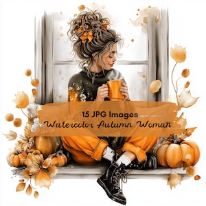 15 JPG Watercolor Woman Autumn Lover in Window Clipart, Watercolor Cozy Lady with Book, Digital Woman with tea, junk journal, Woman Fall Art