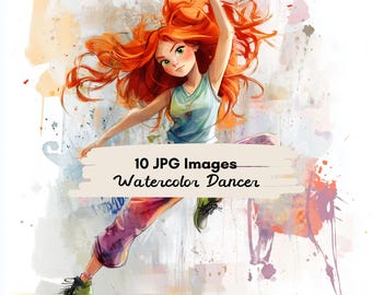 10 JPG Akwarela Zabawna Tańcząca Dziewczyna Uliczny Taniec Clipart Dziewczyna Ilustracja Kobieta Tańcząca Karta Tancerka Hip Hop Clipart Rzemiosło Sport Sztuka