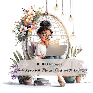 May include: An illustration of a girl with dark hair and glasses using a laptop while seated in a hanging chair, adorned with flowers. The image includes the text "10 JPG Images Watercolor Floral Girl with Laptop."