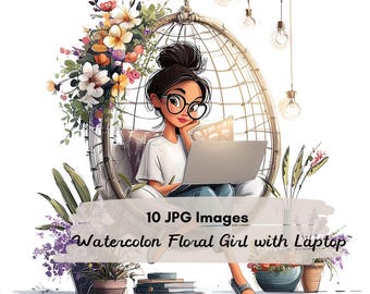 10 JPG Watercolor Woman Freelancer Working Clipart, Watercolor Woman with Laptop, Tech Girl Digital art, junk journal, Developer Girl Art