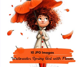 10 JPG Whimsical Flower Umbrella Girl Clipart Bundle, Cute Red Hair Girls with Floral Umbrellas, Watercolor Nursery Character, Kids Clipart