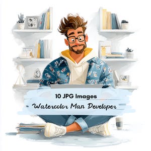 Puede incluir: Ilustración en acuarela de un hombre con gafas, una chaqueta azul y una sudadera con capucha blanca, sentado con las piernas cruzadas con un portátil. La imagen incluye el texto "10 JPG Images - Watercolor Man Developer."