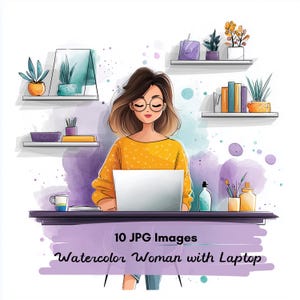 Puede incluir: Ilustración en acuarela de una persona con gafas y un suéter amarillo, trabajando en una computadora portátil. La imagen incluye estantes con plantas y libros. El texto de la imagen dice "10 JPG Images Watercolor Woman with Laptop."