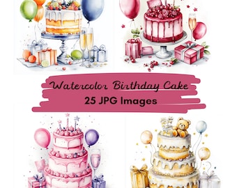 25 JPG Clipart di torta di compleanno stravagante ad acquerello, buon compleanno, torta di celebrazione, illustrazione stampabile, stampa digitale, download digitale
