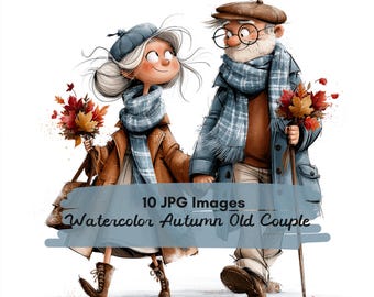 10 JPG Whimsical Autumn Elderly Couple Watercolor Clipart, Cozy Senior Couple in Fall Outfits, Romantic Grandparents, Fall Illustration