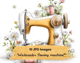 10 JPG Watercolor Vintage Sewing Machine Clipart, Floral Sewing Art, Retro Sewing Machine Illustration, Cottagecore Craft Art, Seamstress
