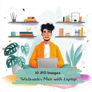 Puede incluir: Ilustración en acuarela de una persona con gafas y bigote, con una sudadera con capucha naranja, sentada con un portátil. La imagen incluye el texto "10 JPG Images" y "Watercolor Man with Laptop."