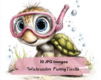 10 JPG Cute Turtle Clipart, Watercolor Sea Turtle art, Summer Ocean Animal, Baby Turtle Illustration, Beach Clipart, Kids Nursery Art