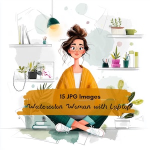 15 JPG Watercolor Woman Freelancer Working Clipart, Woman with Laptop illustrartion, Tech Girl Digital art, junk journal, Developer Girl Art