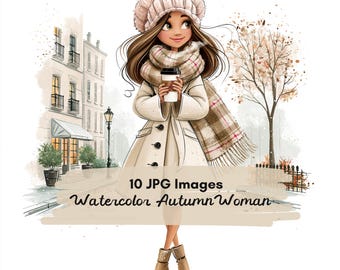 10 JPG Autumn Girl Clipart Bundle, Fall Woman Watercolor, Cozy Autumn Lady Clipart, Fall Season Illustration, Coffee and Umbrella clipart