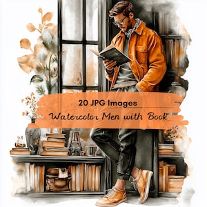 20 JPG Watercolor Man Book Lover Clipart, Watercolor Stylish Man with Book, Cozy Library Digital art, junk journal, Man Reading Book Art
