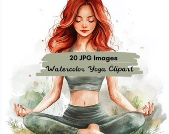 20 JPG Cute Girl Mindful Yoga Clipart, Meditation & Peace Clipart, Watercolor Women Meditating Pose Instant Digital Download