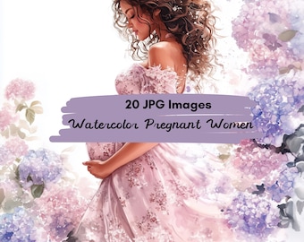 20 JPG Cute Pregnant Woman Clipart, Floral Pregnancy Clipart, Watercolor Women, Future Mom, Expecting Mother, Instant Digital Download