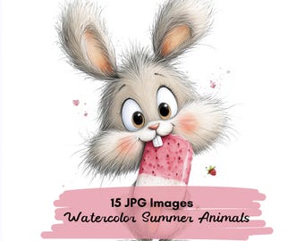 15 JPG Summer Animals Watercolor Clipart Bundle, Cute Animal Clipart, Ice Cream Animals, Whimsical Woodland Animals, Kids Nursery Clipart