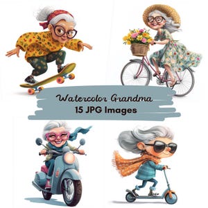 以下が含まれることがあります： 4つのイラストで、それぞれ異なる活動をしているおばあちゃんが描かれています。1つ目はスケートボードに乗っている様子、2つ目は自転車に乗っている様子、3つ目はキックボードに乗っている様子、4つ目は原付に乗っている様子です。イラストの下には「Watercolor Grandma 15 JPG Images」というテキストが表示されています。