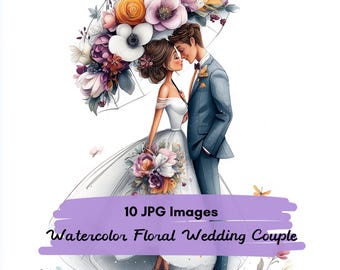 10 JPG Whimsical Wedding Couple Clipart Bundle, Romantic Bride and Groom, Watercolor Wedding Clipart, Love Story Illustration, Wedding Day