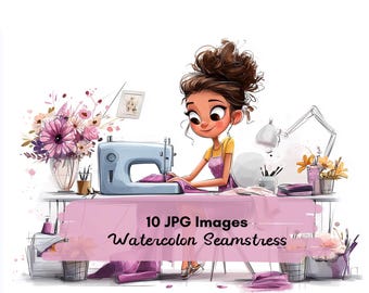 10 JPG Fashion Seamstress Clipart, Stylish Woman Sewing Machine, Watercolor Sewing Girl Illustration, Tailor Art, Fashion Designer Clipart