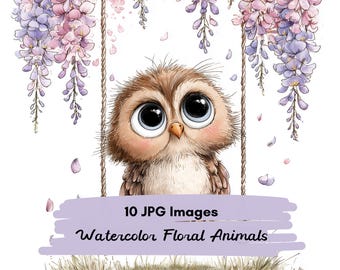 10 JPG Watercolor Baby Animal Clipart, Cute Forest Animal Under Wisteria Flowers, Whimsical Woodland Animal Illustration, Floral Nursery Art