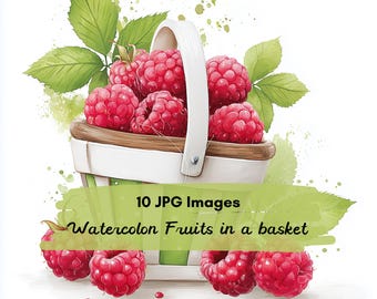 10 JPG Watercolor Fruits in Basket Clipart, Summer Berry Illustration, Rustic Fruit Basket, Farm Fresh Fruit Artwork, Botanical Food Clipart