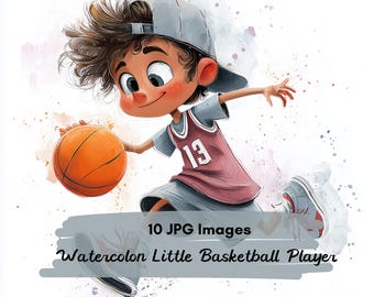 10 JPG Watercolor Cute Basketball Boy Clipart, Kids Sports Illustration, Little Athlete with Ball, Cartoon Basketball Player, Nursery Sport