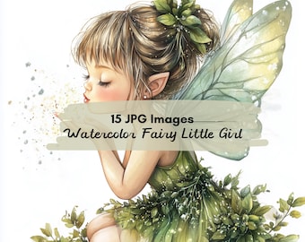 May include: Watercolor illustration of a fairy girl with closed eyes, blowing glitter. She wears a green dress and has leaf accents in her hair and on her dress. The image includes the text "15 JPG Images Watercolor Fairy Little Girl."