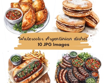 10 zestawów argentyńskich naczyń akwarelowych JPG, argentyńskie jedzenie akwarelowe, clipart, ilustracja jedzenia, wydruk cyfrowy, pobieranie cyfrowe