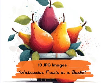 10 JPG Watercolor Fruits in Basket Clipart, Summer Berry Illustration, Rustic Fruit Basket, Farm Fresh Fruit Artwork, Botanical Food Clipart