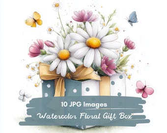 10 JPG Watercolor Whimsical Floral Gift Box Clipart, Floral Present Illustration, Flower Bouquet Gift, Flowers in Gift Box Clipart