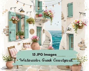 15 JPG Greek Courtyard Watercolor Clipart, Mediterranean Village Clipart, Greek Island Architecture, Coastal Street Scenes, Santorini Style