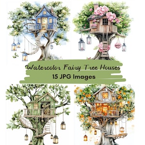 Watercolor Fairy Tree Houses Clipart: Whimsical JPG Set (Digital Download)