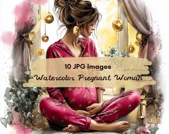 10 JPG Watercolor Cute Pregnant Woman Clipart, Floral Pregnancy Clipart, Future Mom, Expecting Mother, Instant Digital Download