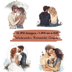 15 JPG In Love Paar Clipart, Illustration Valentinstag Karte, liebevolle Partner, Romantik digitaler Download, süßes romantisches Paar, druckbares Bild