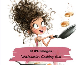 10 JPG Whimsical Cooking Girl Clipart, Watercolor Cute Chef Woman Illustration, Funny Baking Lady, Kitchen Character Clipart Set