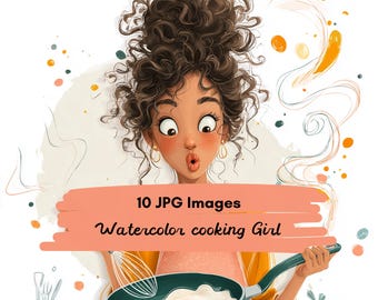 10 JPG Whimsical Cooking Girl Clipart Bundle, Watercolor Cute Chef Woman Illustration, Funny Baking Lady, Kitchen Character Clipart Set