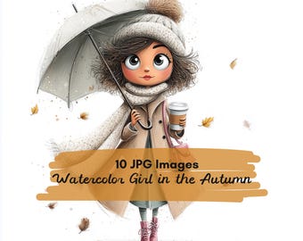 10 JPG Autumn Woman Clipart Bundle, Fall Girl Watercolor, Cozy Autumn Lady Clipart, Fall Season Illustration, Coffee and Umbrella clipart