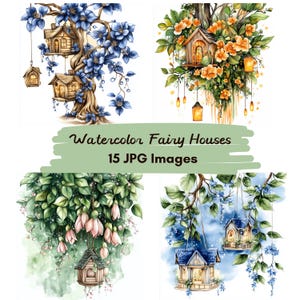 Watercolor Fairy Garden Houses Clipart Set (Digital Download)