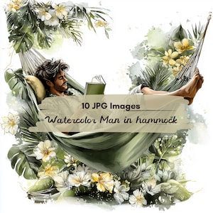 Puede incluir: Ilustración en acuarela de una persona relajándose en una hamaca verde, leyendo un libro. La imagen está rodeada de exuberante vegetación y flores. El texto en la imagen dice "10 JPG Images" y "Watercolor Man in hammock".