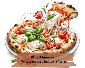 10 JPG Watercolor Italian Dishes Set, Italian Food illustration, Italian Pasta Pizza Dessert art, Mediterranean Cuisine, Seafood & Sandwich