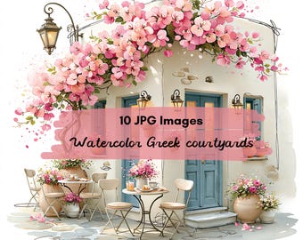 10 JPG Greek Courtyard Watercolor Clipart, Mediterranean Village Clipart, Greek Island Architecture, Coastal Street Scenes, Santorini Style